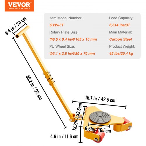 VEVOR 3T Transportfahrwerk mit Griff 425x335x116mm Transportrollen aus Kohlenstoffstahl Industrieroller mit 3x 360° PU-Räder Roller Ф165x10mm Drehplatte Möbeltransporthilfe Transportroller