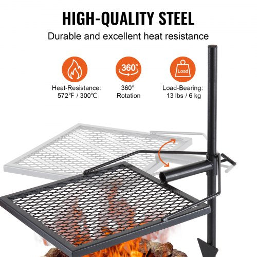 VEVOR Drehspieß Schwenkgrill Stahl 405 x 405 mm, Holzkohlegrill Tragbarer Grillrost Grillgestell 6 kg Belastbarkeit 300 ℃ Freistehend Spießbratengrill BBQ Grill Grillwagen Barbecue Camping