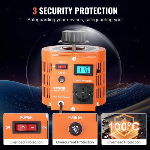 VEVOR 1000VA Spannungswandler mit variabler Spannung 3,3 Ampere, 230 V Eingang 0-300 V Ausgang Wechselspannungsregler, 4 zusätzlichen Sicherungen Thermokontrollschalter für Zuhause, Industrie, Büro