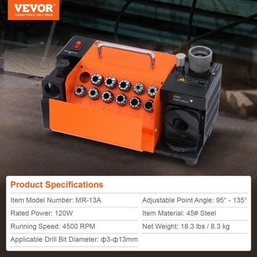 VEVOR MR-13A Bohrerschleifgerät 120 W Bohrerschleifmaschine 4500 U/min Schärfstation Stahl Bohrerschärfgerät 95-135° Einstellbarer Spitzenwinkel 11 Spannzangen Geeignet für Bohrerdurchmesser φ3–13 mm