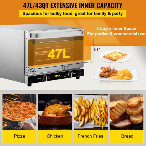 VEVOR Mini Backofen, 47 L Grillofen 1600 W Mini Ofen Tischbackofen 4 Schichten, 58 x 55 x 40 cm Elektrobackofen Umluft mit 0-120 min Timer, Handschuhe und Essenstablett, Pizzabackofen Backofen