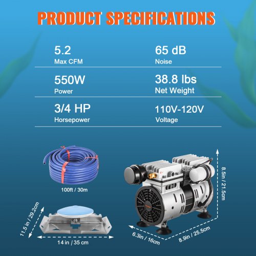 VEVOR Teichbelüfter 550W, 5,2CFM für bis zu 1 Acre 15m See Teichbelüftungsset beinhaltet 3/4PS-Kompressor &amp; beschwerte Schläuche &amp; Diffusor Luftkompressor für Sauerstoffzirkulation in tiefem Wasser