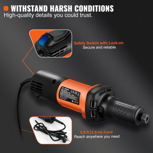 VEVOR Geradschleifer 820W Mini-Schleifer 7000-30000 U/min Stabschleifer 6 Geschwindigkeiten Multischleifer mit 1,8m Kabel 1/4" und 1/8" Spannzange Wasserdicht Geräuscharm Schleifen Polierens Schneiden
