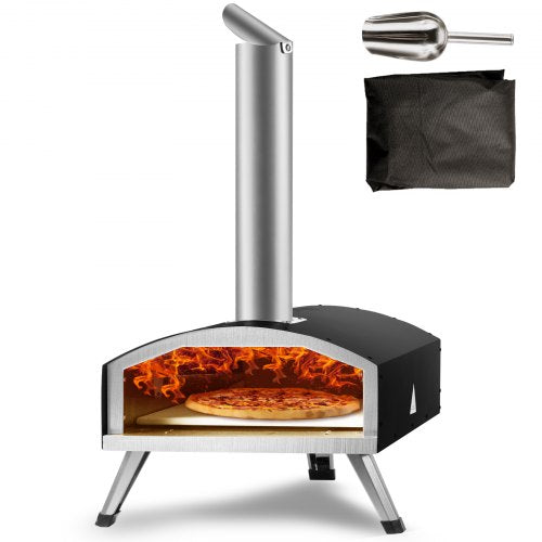 VEVOR Tragbarer Pizzaofen Pizzabackofen Outdoor 304,8 mm Gas Holzpellets Holzkohle Pizzaofen Edelstahl Pizzaofen Max 540 °C Holzpelletsschaufel &amp; Pizzastein