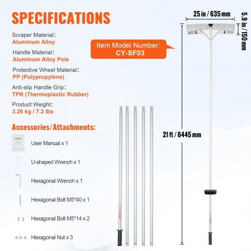 VEVOR Schneeschaufel Dach 64 cm, Einstellbereich 1,52 bis 6,4 m, Dachschneeräumer aus Aluminium und ABS Schaufel, Schneeschieber mit Schutzrädern und rutschfestem Griff Schneeräumer Dachräumer