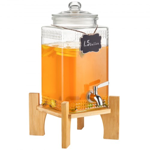 VEVOR Getränkespender, 1,5 Gallonen Getränkespender für Partys, Saftspender aus Glas mit Ständer, Zapfhahn aus Edelstahl, Eistee-Limonadensaft-Wasserspender, für Restaurants, Hotels, Partys
