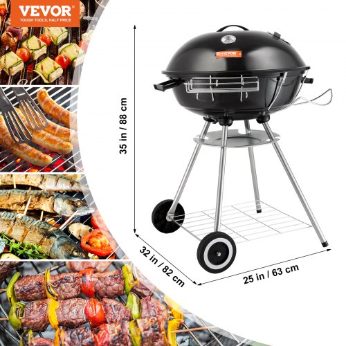 VEVOR Wasserkocher Holzkohlegrill Kugelgrill 56 cm tragbar Grill Kugelgrill mit Deckel Leckeres BBQ Picknickgrill mit großer Grillfläche Holzkohle