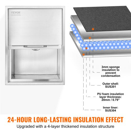 VEVOR 55,23 L Drop-in-Eisbox, 608 x 457 x 333 mm Edelstahl-Eiskühler, Kommerzieller Eisbehälter mit Schiebedeckel, Eingebaute Eisspeichertruhe, Abflussrohr &amp; Ablassstopfen im Lieferumfang Enthalten
