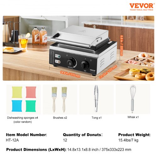 VEVOR Elektrischer Donutmaker, 1550 W Kommerzielle Donutmaschine mit Antihaftbeschichtung, 12-Loch-Waffelmaschine mit Doppelseitiger Heizung für 12 Donuts, für Restaurants und den Heimgebrauch