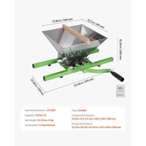 VEVOR Obstmühle Apfelmühle Apfelweinherstellung 7L Edelstahl Traubenpressen