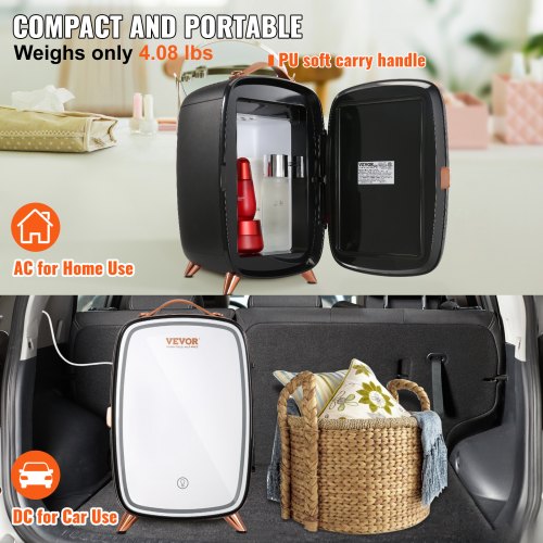 VEVOR Tragbarer Gespiegelter 6 L Schönheitskühlschrank mit LED-Beleuchtung, Schwarz 9 V DC Minikühlschrank Make-up, 8 Dosen 3 LED Spiegel Licht Modus, Klein Skincare Fridge für Büro, Schlafzimmer usw.