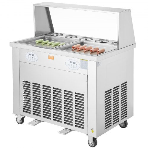 VEVOR Maschine für frittierte Eisrollen, 2 Stück 380 x 380 mm Quadratische Pfannen zum Frittieren von Eis, Kommerzielle Eismaschine aus Edelstahl mit Kompressor und 4 Schabern