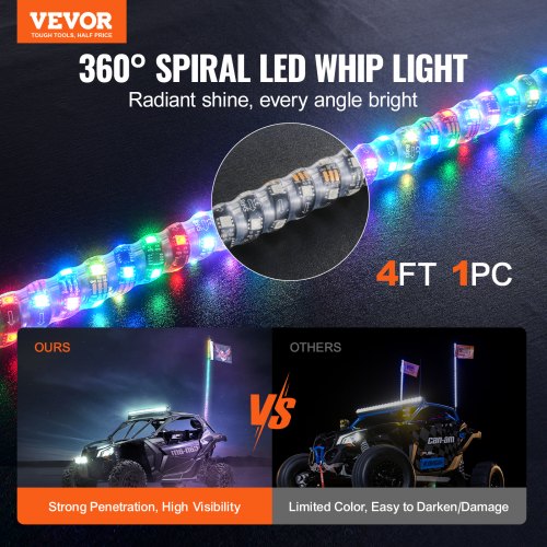 VEVOR 1 Stück 4 Fuß Peitschenlicht, APP- und RF-Fernbedienung, LED-Peitschenlicht, Wasserdichte 360°-Spiral-RGB-Peitschen mit Beleuchtung &amp; 2 Flaggen, für UTVs, ATVs, Motorräder, RZR, Can-Am