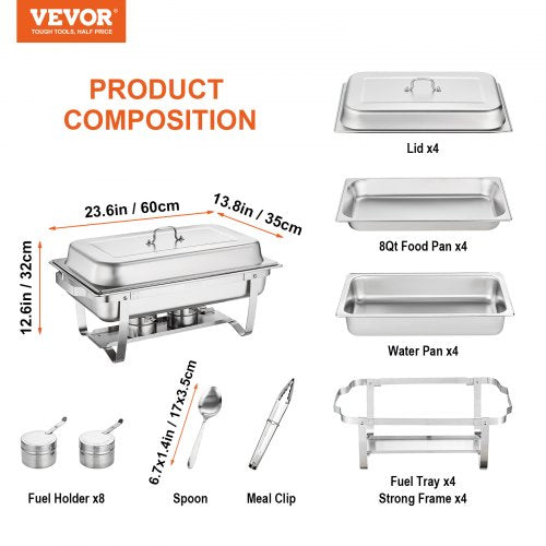 VEVOR Edelstahl Warmhaltebehälter Speisenwärmer Wärmebehälter 4x7,5L 4 Stk Chafing Dish Set