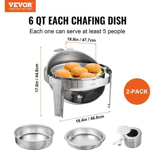 VEVOR 2-teiliger Speisenwärmer Wärmebehälter Chafing-Dish-Set Rolldeckel 5,5 L x 2, Rund Edelstahl Wärmebehälter Buffet Set inkl. Kraftstoffhalter &amp; Esszange, für Restaurants, Buffets, Schulen usw.