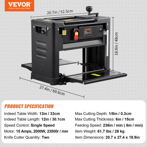 VEVOR Dickenhobel 2kW Hobelmaschine 2xHobelmesser Dickenhobelmaschine Max. Schnitttiefe 0,3cm Max. Schnittstärke 15cm Hobel Ideal zur Holzbearbeitung für Tischler Heimwerker und Dekorateure