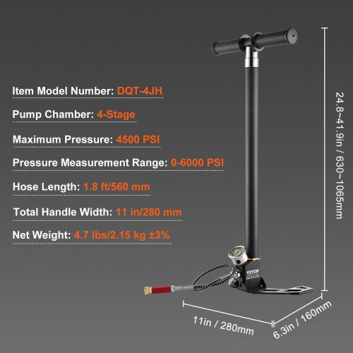 VEVOR PCP-Handpumpe, 4-stufig, 30 MPa 4500 PSI Hochdruck-PCP-Luftgewehr-Füllbügelpumpe mit Öl-Feuchtigkeitsfilter-Manometer, Edelstahl für Luftgewehre, Tauchflaschen, Paintball-Füllreifen