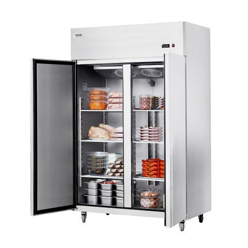 VEVOR Gewerbe-Gefrierschrank 1100 L, Gefrierschrank mit 2 Türen, Edelstahl-Gefrierschrank mit automatischer Abtauung, 6 verstellbaren Ablagen, Temperaturregelung von -25 bis -15 °C und 4 Rädern