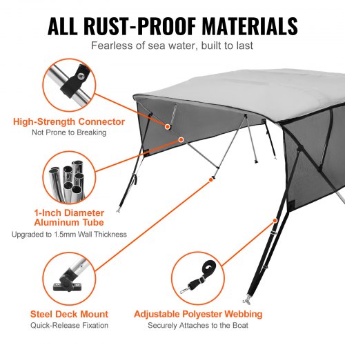 VEVOR 4-Bogen-Bimini-Top-Bootsabdeckung, 216–228 cm Einbaubreite 600D-Polyester-Überdachung, Bootsverdeck mit Abnehmbare Mesh-Seitenwände, Wasserdicht &amp; Sonnenschutz, inkl. Aufbewahrungsbox Hellgrau