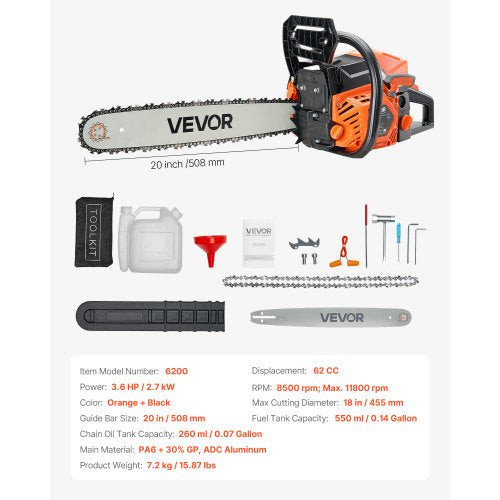 VEVOR 62cc Benzin-Kettensäge Motorsäge 3,6PS 508mm 11800U/min Holzschneiden