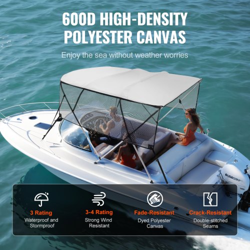 VEVOR 4-Bogen-Bimini-Top-Bootsabdeckung, 216–228 cm Einbaubreite 600D-Polyester-Überdachung, Bootsverdeck mit Abnehmbare Mesh-Seitenwände, Wasserdicht &amp; Sonnenschutz, inkl. Aufbewahrungsbox Hellgrau