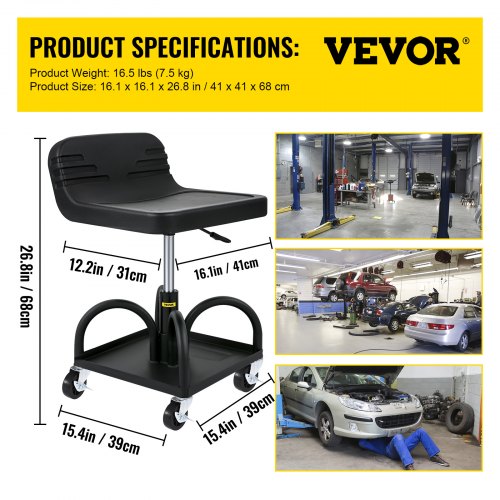 VEVOR Rollbarer Garagenhocker, 135 kg Tragkraft, Höhenverstellbar von 40 bis 52 cm, Mechanikersitz mit 360-Grad-Schwenkrädern und Werkzeugablage, für Werkstatt, Autowerkstatt, Schwarz