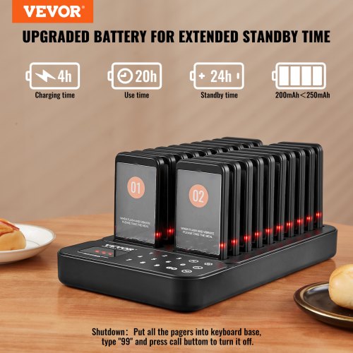 VEVOR Restaurant-Pager-System, kabelloses Warteschlangensignal mit 400 m Reichweite, Piepser zur Rufannahme von Gästen mit Vibration und Blinken, 20 Pager für Imbisswagen, Kirche, Kindergarten