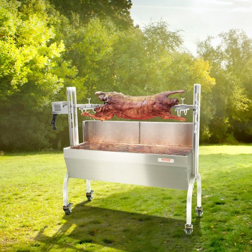 VEVOR Spanferkelgrill Lammgrill 117 cm, 60 kg Edelstahl Drehspieß 4-stufig Höhenverstellbar, 50 W 2 in 1 BBQ-Rotisserie-Grill inkl. Gewürzdose &amp; Reinigungsbürste &amp; Griff Elektrogrill mit Umlenkblech