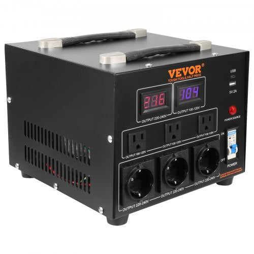 VEVOR 3000VA Spannungswandler Transformator AC 110V⇋220V Transformer Wandler 3 US NEMA 5-15R 3-polige Ausgangssteckdosen, 3 europäische Shucko-Ausgangssteckdosen, 1 USB-Buchse und 1 Typ-C-Buchse