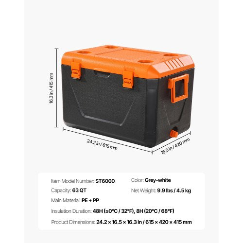 VEVOR Tragbare Kühlbox Isolierte Hartkühlbox mit Getränkehalter 63Qt