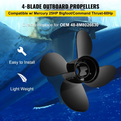 VEVOR Außenbordpropeller, Ersetzt OEM 48-8M8026630, 4-Blatt 26,2 x 33 cm Aluminium-Bootspropeller, Kompatibel mit Mercury Mariner 25 PS Bigfoot/Command Thrust 60 PS Außenbordmotor