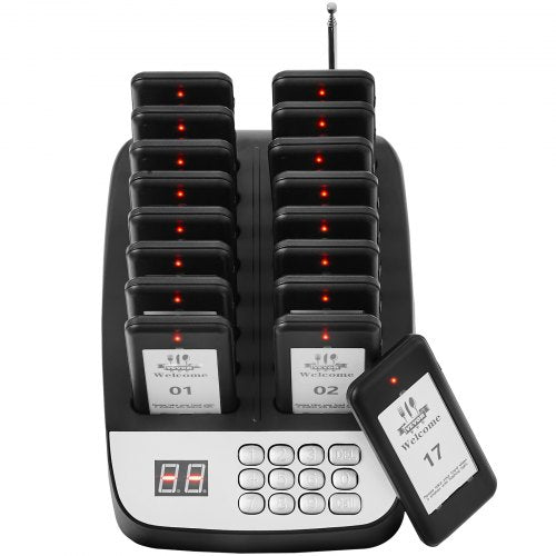 VEVOR Restaurant-Pager-System, Kabelloses Warteschlangensignal mit 500 m Reichweite, Piepser zur Rufannahme von Gästen mit Vibration und Blinken, 16 Pager für Imbisswagen, Kirche