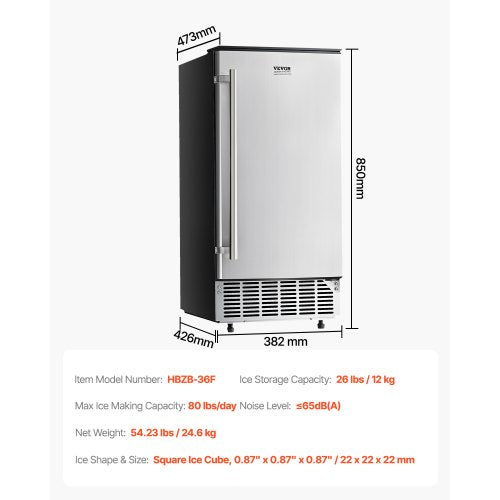 VEVOR Untertisch Eismaschine Eisbereiter 36kg/Tag Eingebaut Eismaschine Tragbar