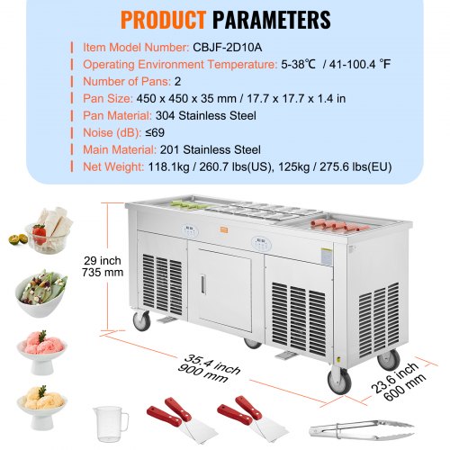 VEVOR Rollbare Maschine für Frittierte Eisrollen, 2 Stk. 45 x 45 cm Quadratische Pfannen zum Frittieren von Eis, Kommerzielle Eismaschine mit Kompressor und 4 Schabern, für Eiscreme, Frozen Yogurt