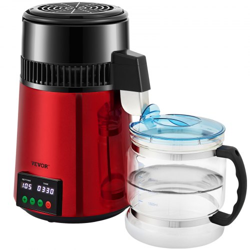 VEVOR Wasser Destillierer 1L / H Haushalt Rotes Wasserdestilliergerät Destilliertes Wasser herstellen 750 W, Doppelter Bildschirm Edelstahl Distilleranlage mit Glaskanne Reinwasser destilieren