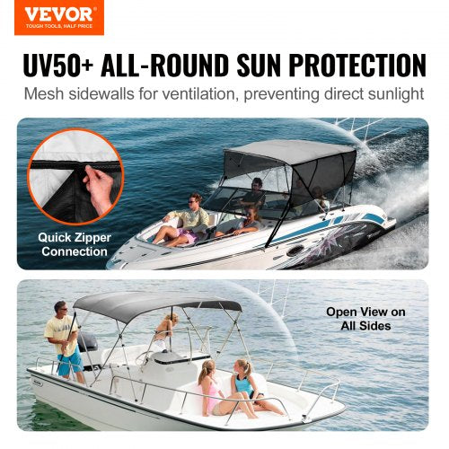 VEVOR 4-Bogen-Bimini-Top-Bootsabdeckung, 231–244 cm Einbaubreite 600D-Polyester-Überdachung, Bootsverdeck mit Abnehmbare Mesh-Seitenwände, Wasserdicht &amp; Sonnenschutz, inkl. Aufbewahrungsbox Hellgrau