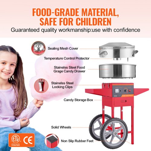 VEVOR Elektrische Zuckerwattemaschine mit Wagen, 1000 W kommerzielle Zuckerwattemaschine mit Edelstahlschüssel, Zuckerschaufel &amp; Schublade, Perfekt für Zuhause, Kindergeburtstage, Familienfeiern