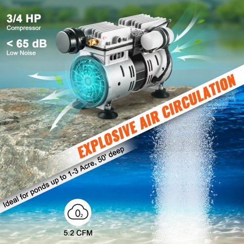 VEVOR Teichbelüfter, 550 W Leistung, 5,2 CFM für bis zu 3 Acre 15 m See, Teichbelüftungsset inkl. Kompressor &amp; Timer &amp; Ventile, Luftkompressor für Sauerstoffzirkulation in tiefem Wasser für Teich See