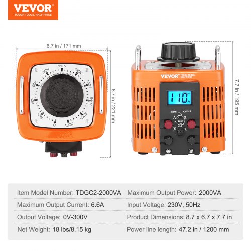 VEVOR 2000VA Variabler Spannungstransformator 6,6A 0-300V Spannungsregler LCD CE