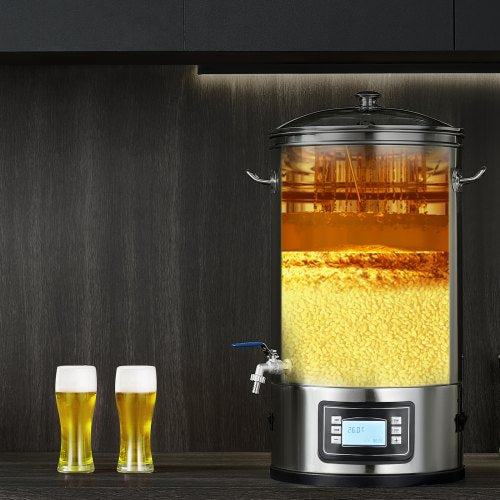 VEVOR Edelstahl Bierbrauanlage Wasserkocher 35 L, Wasserkocher zum Brauen, Heimbrauzubehör für Bier, Bierbraugerät Set inkl. Glasdeckel, Griff, Zapfhahn, Elektronische Bedienblende Gewerblich