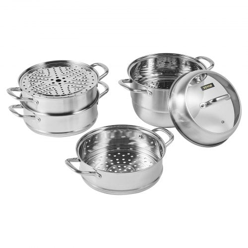 VEVOR Dampfkocher Durchmesser Jeder Stufe 30 cm, Stapelbar Edelstahl Dampfkochtopf 24 cm Boden, Kochtopf Dampfgarer Höhe 16 cm, Dampfgarer Topf Jede Stufe Höhe 8,5 cm, Dampfgarer-Topf-Set 5 Schicht