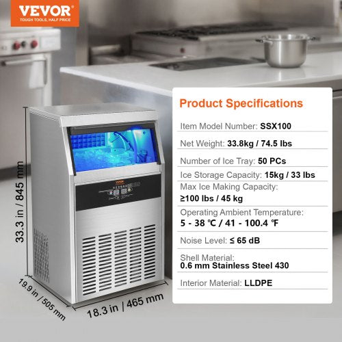 VEVOR Kommerzieller Eiswürfelbereiter Eismaschine 47 kg / 24 h, Leichte Würfeleismaschine 15 kg Eisspeicherkapazität 50 Stk. Eiswürfel, Edelstahl Eiswürfelbereiter inkl. Wasserfilter &amp; Eisschaufel