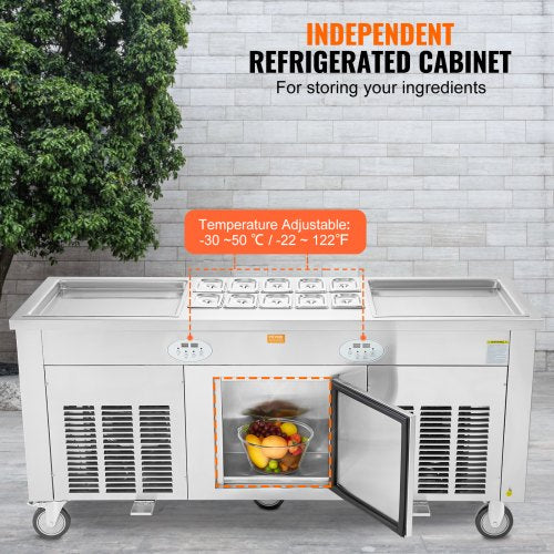 VEVOR Rollbare Maschine für Frittierte Eisrollen, 2 Stk. 45 x 45 cm Quadratische Pfannen zum Frittieren von Eis, Kommerzielle Eismaschine mit Kompressor und 4 Schabern, für Eiscreme, Frozen Yogurt