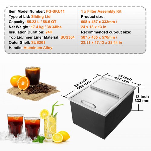 VEVOR 55,23 L Drop-in-Eisbox, 608 x 457 x 333 mm Edelstahl-Eiskühler, Kommerzieller Eisbehälter mit Schiebedeckel, Eingebaute Eisspeichertruhe, Abflussrohr &amp; Ablassstopfen im Lieferumfang Enthalten