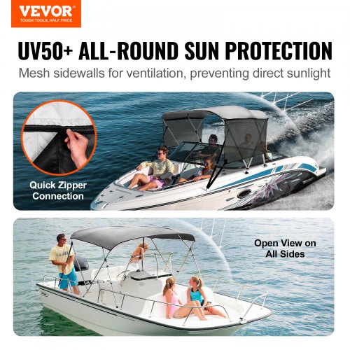 VEVOR 3-Bogen-Bimini-Top-Bootsabdeckung, 155–167 cm Einbaubreite 600D-Polyester-Überdachung, Bootsverdeck mit Abnehmbare Mesh-Seitenwände, Wasserdicht &amp; Sonnenschutz, inkl. Aufbewahrungsbox Hellgrau