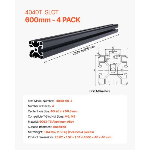 VEVOR 4er Set Aluprofil 600mm Nutenprofil 4040 Aluminium Linear Schiene