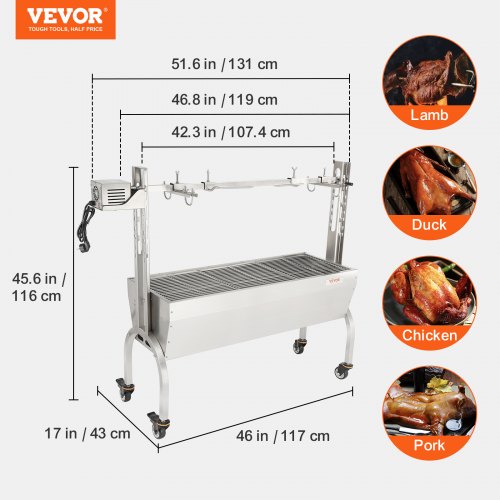 VEVOR Spanferkelgrill Lammgrill 117 cm, 41 kg Edelstahl Drehspieß 4-stufig höhenverstellbar, 50 W 2 in 1 BBQ-Rotisserie-Grill inkl. Gewürzdose &amp; Reinigungsbürste &amp; Griff Elektrogrill Beweglich