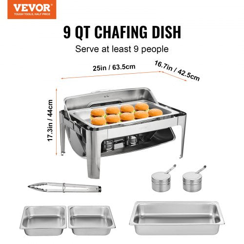 VEVOR 1 Stk. Speisenwärmer Wärmebehälter Chafing-Dish-Set Rolldeckel 5 L x 2, Rechteckig Edelstahl Wärmebehälter Buffet Set inkl. Sichtglasdeckel &amp; Esszange, für Restaurants, Buffets, Schulen usw.