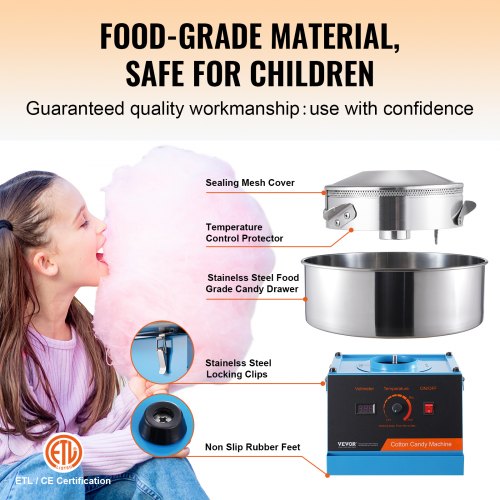 VEVOR Elektrische Zuckerwattemaschine, 1000 W Zuckerwattegeräte, Kommerzielle Zuckerwattemaschine mit Edelstahlschüssel &amp; Zuckerlöffel, Perfekt für Kindergeburtstage zu Hause, Familienfeiern (Blau)