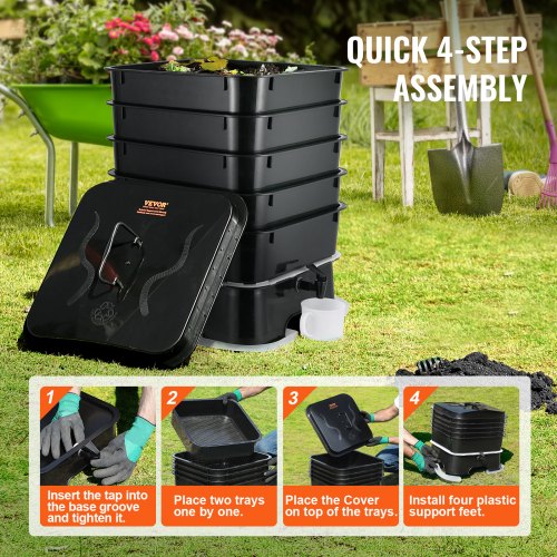 VEVOR Schnellkomposter 18-50L Gartenkomposter 400x400x650mm Thermokomposter HDPE-Kunststoff Kompostierer Inkl. 5 Schalen &amp; ein Auffangbehälter Kompostbehälter Kompostierung Reduzierung des Hausmülls